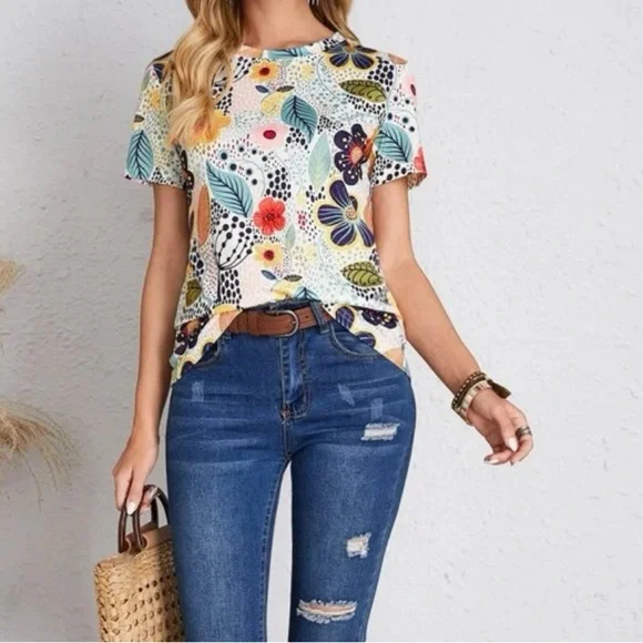New floral print short sleeve top - Picture 3 of 5